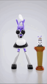 a cartoon character in a maid outfit is jumping in the air next to a smaller cartoon character
