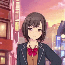 a girl in a school uniform is standing in front of a cafe sign