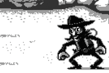 a pixel art of a man in a cowboy hat standing in a field