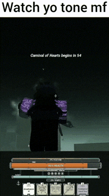 a screenshot of a video game called carnival of hearts begins in 54