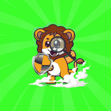 a cartoon of a lion holding a shield and a magnifying glass