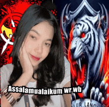 a girl stands in front of a picture of a white tiger with the words assalamualaikum wrwb on the bottom