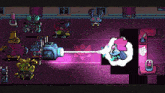 a video game is being played with a purple background and a few characters including a rabbit