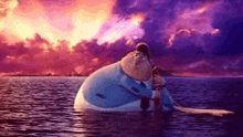 a fat man is floating on top of a whale in the water .
