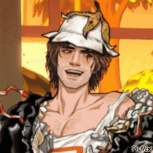 a cartoon of a man wearing a banana hat and a trash bag .