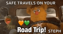 kermit the frog and fozzie bear are driving a car with hearts on the seats .