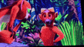 a fox and a lemur are standing next to each other in the jungle