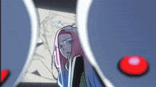 a cartoon of a girl with pink hair standing in front of a red button