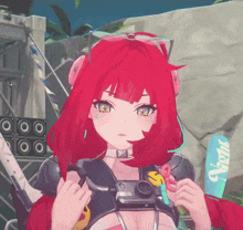 a girl with red hair is holding a surfboard that says nerf on it
