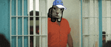 a cartoon of a cat wearing a baseball cap standing in a jail cell