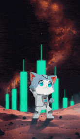 a cartoon cat in a space suit is standing on a rocky planet