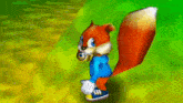a cartoon squirrel in a blue shirt and blue shoes is walking on a grassy hill .
