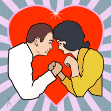 a drawing of a man and a woman looking at each other with a heart in the background