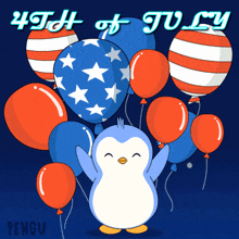 a penguin is surrounded by red white and blue balloons with the words 4th of july written above it