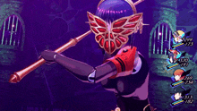 a video game character is wearing a butterfly mask and holding a spear ..
