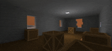 a room with boxes on the floor and a santa claus statue in the background