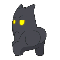 a cartoon drawing of a black cat with yellow eyes standing on its hind legs