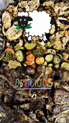 a tray of grilled meats and vegetables with a cartoon sheep and the words " delicious " below it