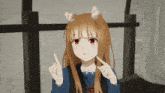 a girl with fox ears and red eyes points up