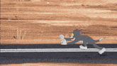 a cartoon of a cat running on a road