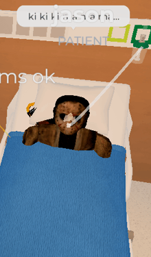 a person in a hospital bed with a speech bubble that says ki ki ki a son patient