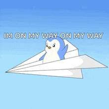 a penguin is flying on a paper airplane with the words " im on my way on my way "