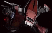 a close up of a red robot with a black background and a red shield .
