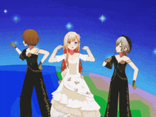 a girl in a white dress is standing next to two other girls