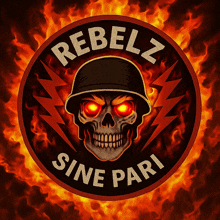 a rebelz logo with a skull and lightning bolts