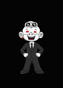 a cartoon of a man wearing a suit and tie with red eyes