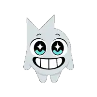 a cartoon character with big blue eyes and a big smile on his face .