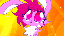 a cartoon drawing of a pink and white bunny with a yellow background and the letters lnk on the bottom