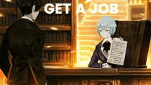 a man in a suit is standing next to a woman holding a piece of paper that says get a job on it