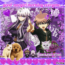 a picture of a boy and a girl with the words good naegiri morning everyone on the bottom