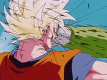 a close up of a cartoon character 's face with a green object in the background