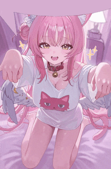 a girl with pink hair is wearing a white shirt with a pink cat on it