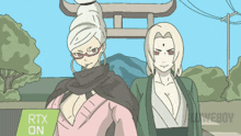 a cartoon of two women standing next to each other with rtx on on the bottom