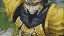 a close up of a video game character with gold armor and a blue eye