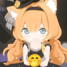 a cartoon girl is covering her mouth with her hand while holding a yellow smiley face