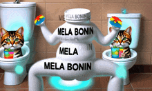 a cartoon of two cats sitting on toilets with mela bonin written on them