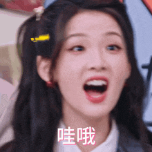 a close up of a woman 's face with chinese writing on the bottom