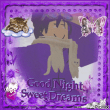 a purple greeting card that says good night sweet dreams with a girl and a cat