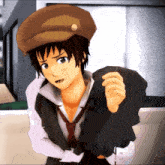 a cartoon character with a brown hat and a red tie