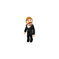 a puppet wearing a tuxedo and bow tie is standing on a white background
