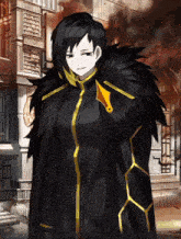 a black and gold anime character is standing in front of a building