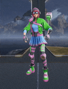 a woman in a green and pink outfit is standing on a ledge