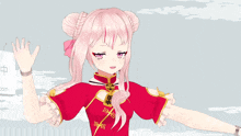 a girl with pink hair is wearing a red shirt with chinese characters on it