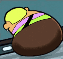 a cartoon character with a yellow head and a pink and green shirt