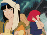 a girl with red hair is standing next to a man with blonde hair