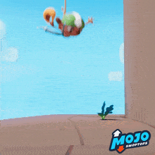 an advertisement for mojo swoptops shows a turtle hanging from a rope